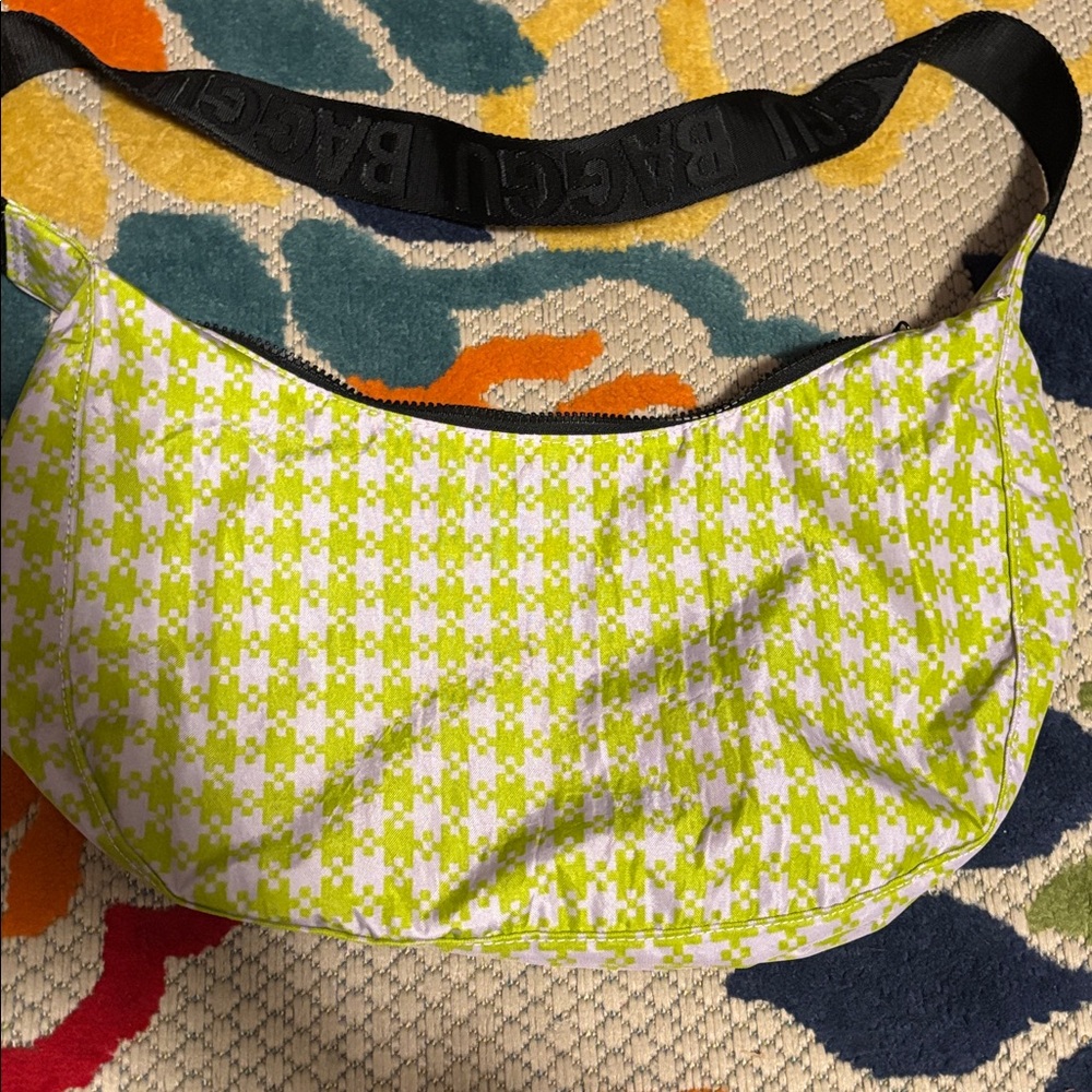 Baggu Lime Green and Lavender Pixel Pattern Crossbody Bag